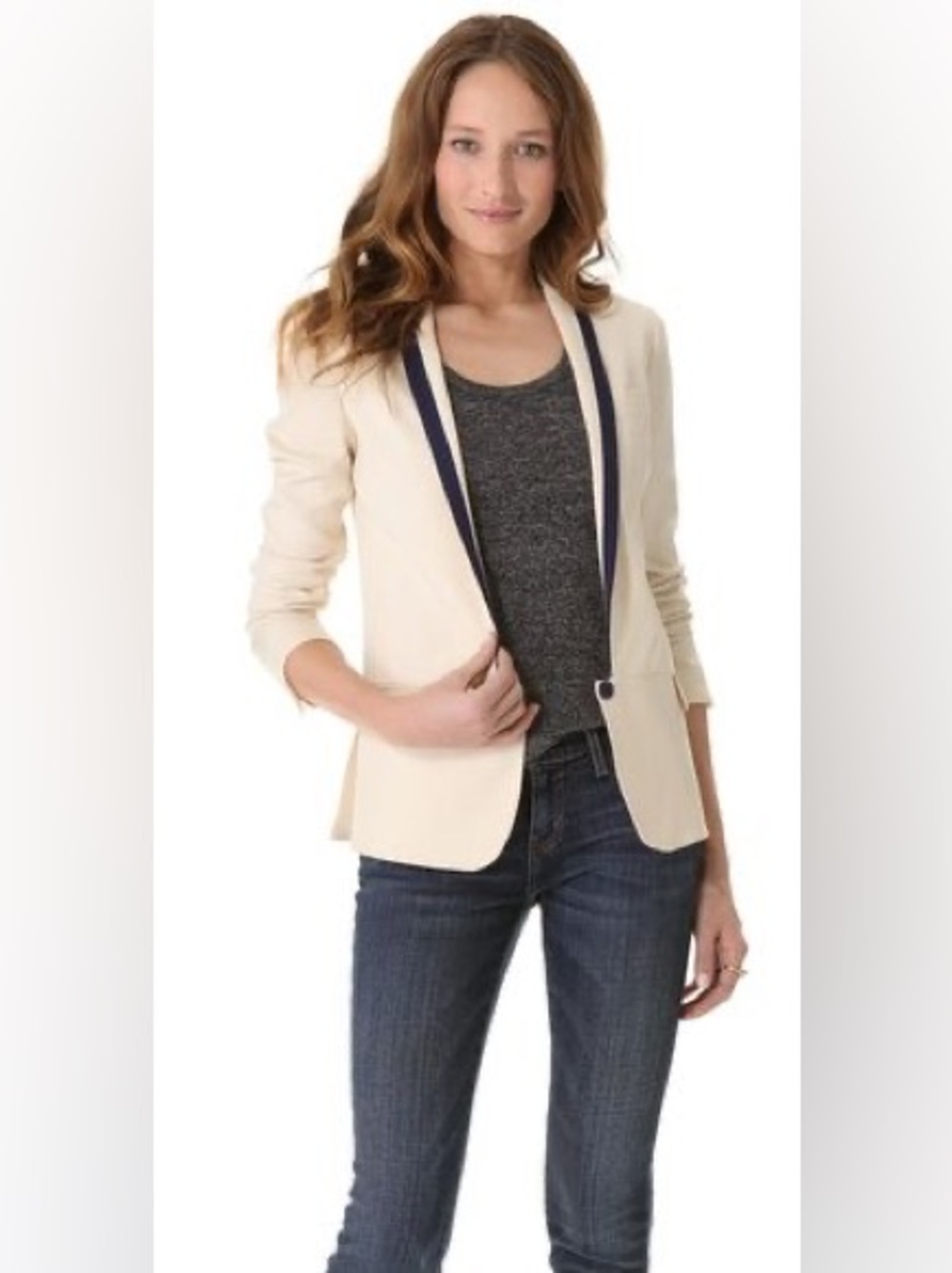 Diane von Furstenberg DVF Ramona Cream Navy Trim Blazer Size 0